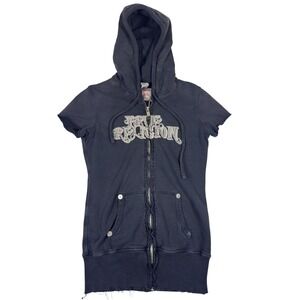 True Religion Rhinestone Logo Short Sleeve Zip Hoodie Black Womens M Distressed